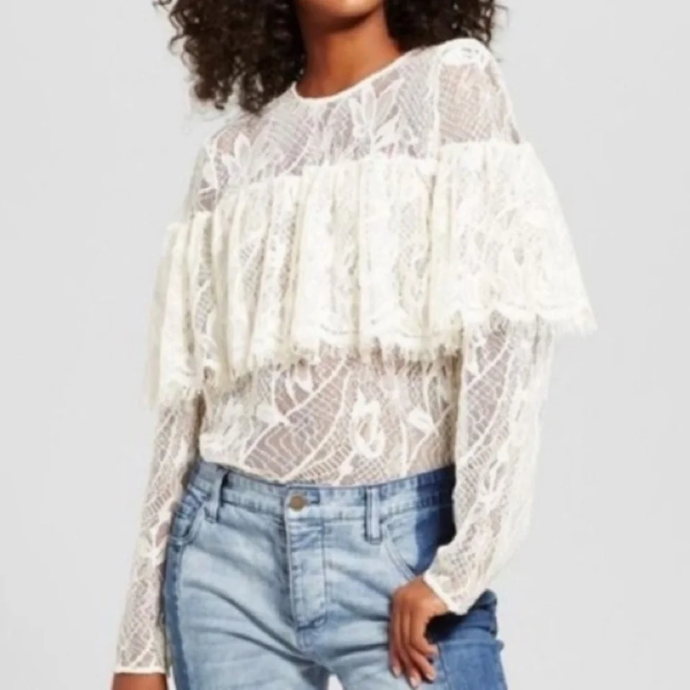 Who what wear lace layered white/cream long sleeve blouse - Picture 1 of 6